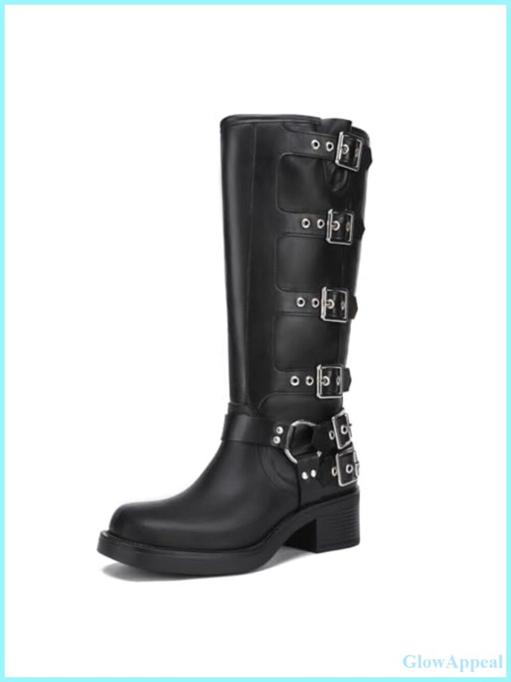PU Leather Knee High Riding Boots Buckle Biker Chunky Heel Wide Calf